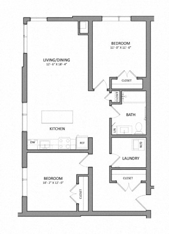 Floor plan for 2 beds, 1 bath, 950 sqft